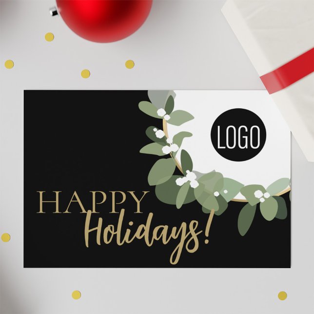 Modern Typography Green Wreath Happy Holidays logo Holiday Card (Happy Holidays Green Wreath custom business logo corporate greeting card)