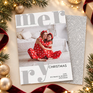 Modern Typography Grey Photo Merry Christmas Holiday Card