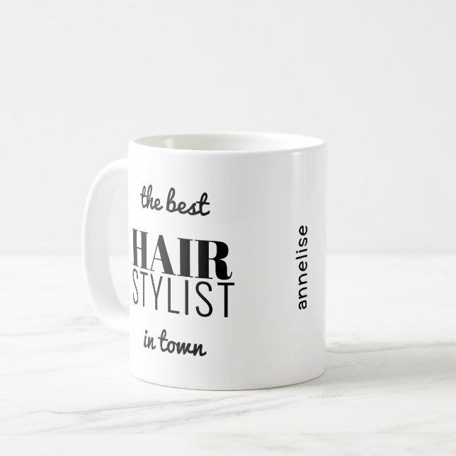 Modern typography hairstylist profession funny coffee mug (Front Left)