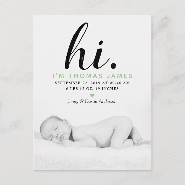 Modern Typography "Hi." Photo Birth Announcement (Front)