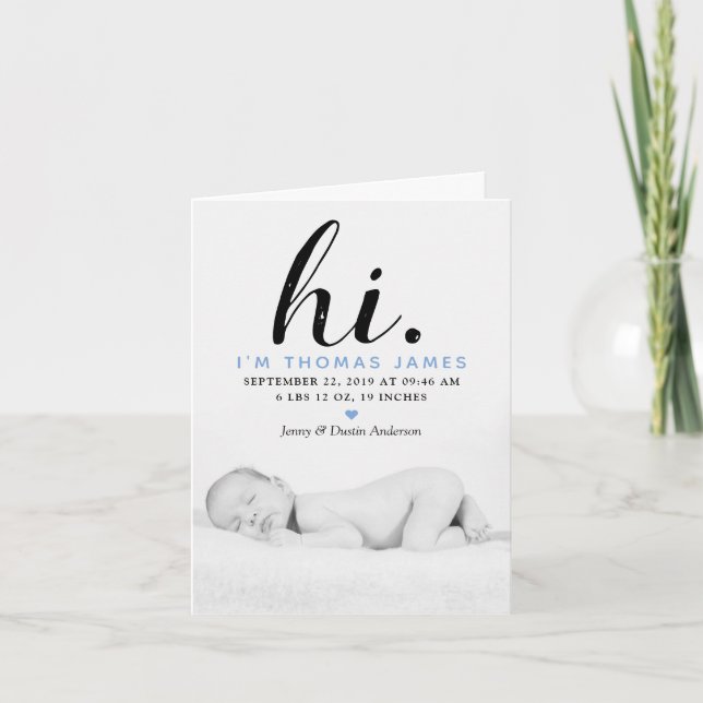 Modern Typography "Hi." Photo Birth Announcement (Front)