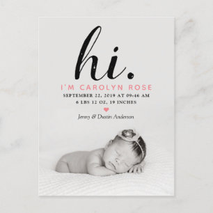 Modern Typography "Hi." Photo Birth Announcement Postcard
