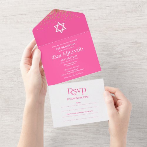 Modern Typography Hot Pink Confetti Bat Mitzvah Al