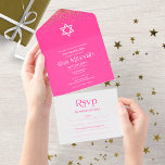 Modern Typography Hot Pink Confetti Bat Mitzvah Al All In One Invitation<br><div class="desc">An elegant hot pink bat Mitzvah invitation, easy to personalize with your details. PLEASE NOTE: This invitation is ready to send without an envelope; include the return address on the backside; if you plan to send it using an envelope, please let in blank the return address details ( backside). GUEST...</div>