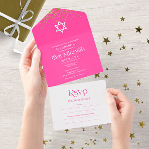 Modern Typography Hot Pink Confetti Bat Mitzvah Al All In One Invitation