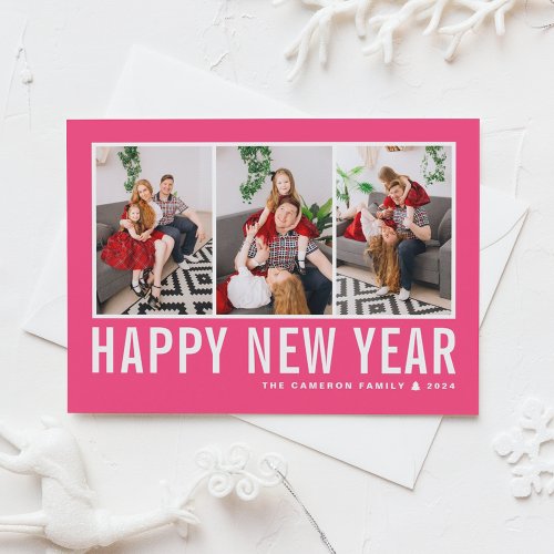 Modern Typography Hot Pink Photo Collage New Year Holiday Card