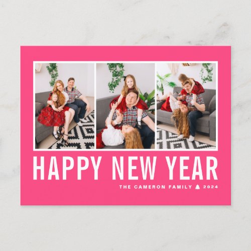 Modern Typography Hot Pink Photo Collage New Year Holiday Postcard