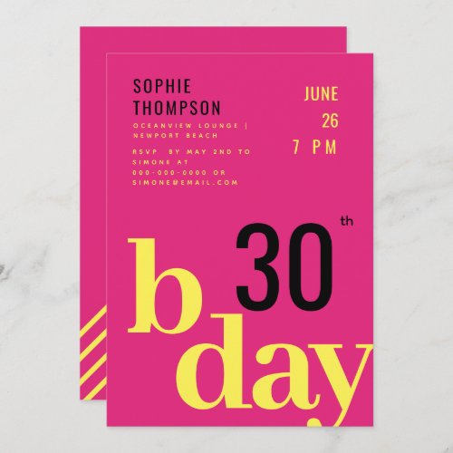 Modern Typography Hot Pink Yellow Birthday Party Invitation