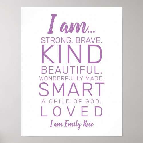 Modern Typography I am Kind Brave Purple Nursery Poster