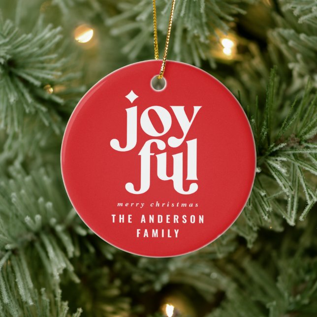 modern typography joyful photo holiday Christmas Ceramic Ornament (Tree)