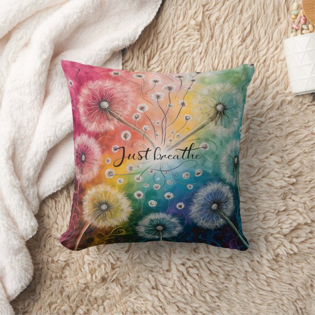 Modern Typography Just Breathe Dandelions Throw Pillow (Blanket)