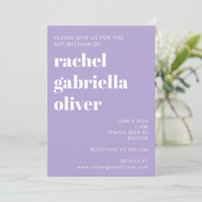 Modern Typography Lavender Purple Bat Mitzvah Invitation (Standing Front)