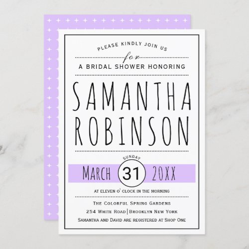 Modern typography lavender wedding bridal shower invitation