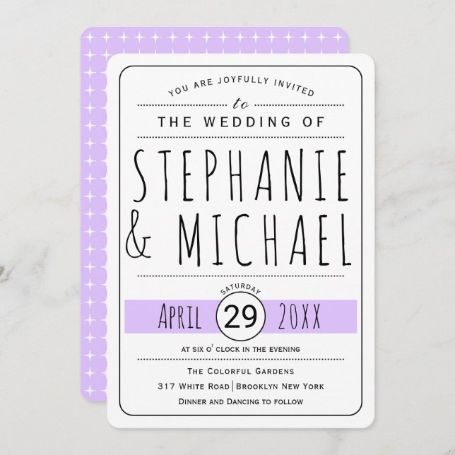 Modern typography lavender wedding rounded invitation (Front/Back)