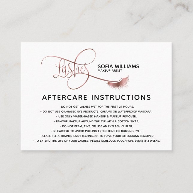 Modern Typography Long Rose Gold Lashes Aftercare Referral Card (Front)