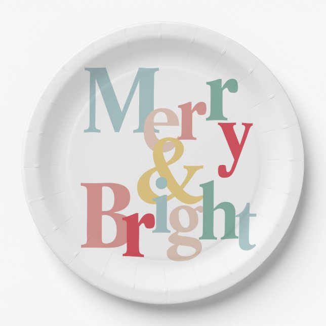 Modern typography Merry and bright Paper Plates (Front)