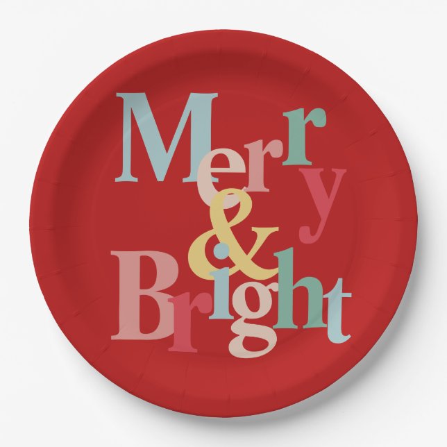 Modern typography Merry and bright red Paper Plates (Front)