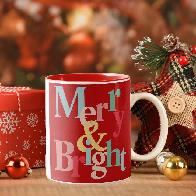 Modern typography Merry and bright red Two-Tone Coffee Mug (Creator Uploaded)