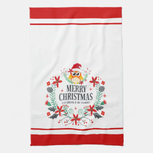 Modern Typography Merry Christmas Christmas Owl Towel
