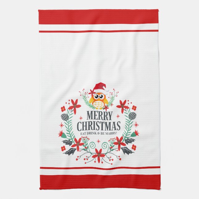 Modern Typography Merry Christmas Christmas Owl Towel (Vertical)