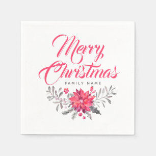 Modern Typography Merry Christmas & Floral Bouquet Napkins