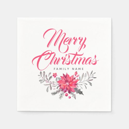 Modern Typography Merry Christmas  Floral Bouquet Napkins