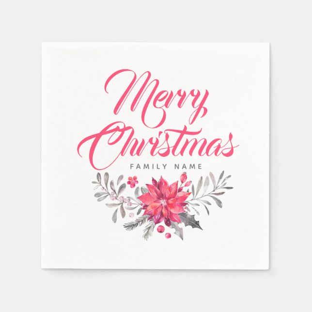 Modern Typography Merry Christmas & Floral Bouquet Napkins (Front)