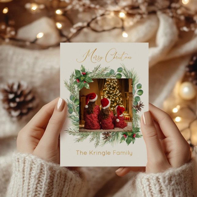 Modern Typography Merry Christmas Wreath Photo Foil Holiday Card (Creator Uploaded)