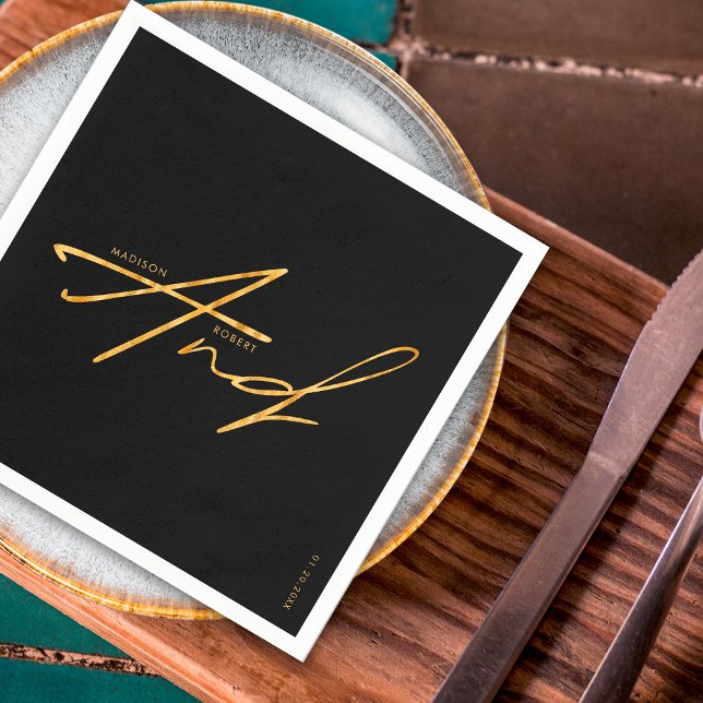 Modern Typography Minimalist Black Gold Wedding Napkins (Creator Uploaded)
