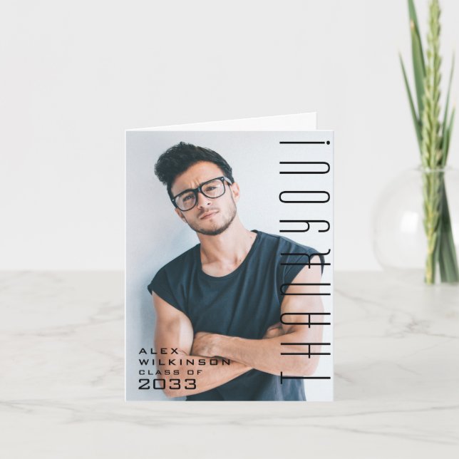 Modern Typography Minimalist Guy Photo Graduation Thank You Card (Front)