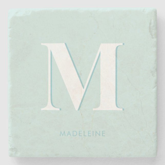 Modern Typography Mint Turquoise Monogram Initial Stone Coaster (Front)