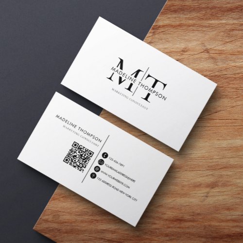 Modern Typography Monogram Black And White QR code Business Card