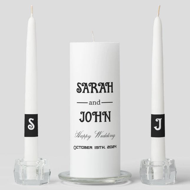 Modern typography monogram Black and white wedding Unity Candle Set (Front)