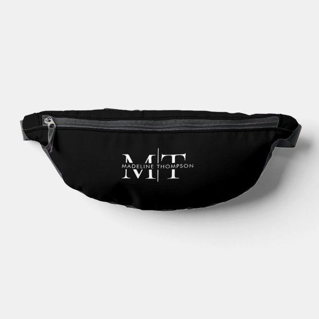 Modern Typography Monogram Black Fanny Pack (Lay Down)
