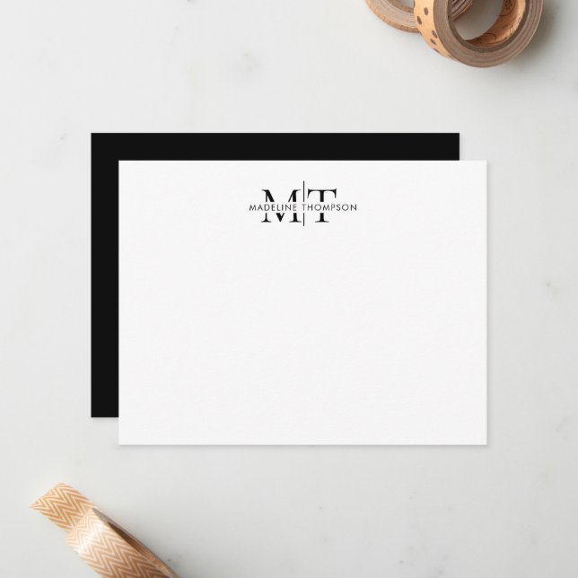 Modern Typography Monogram Black White Note Card (Front/Back In Situ)
