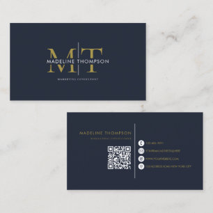 Modern Typography Monogram Navy Blue Gold QR code Business Card