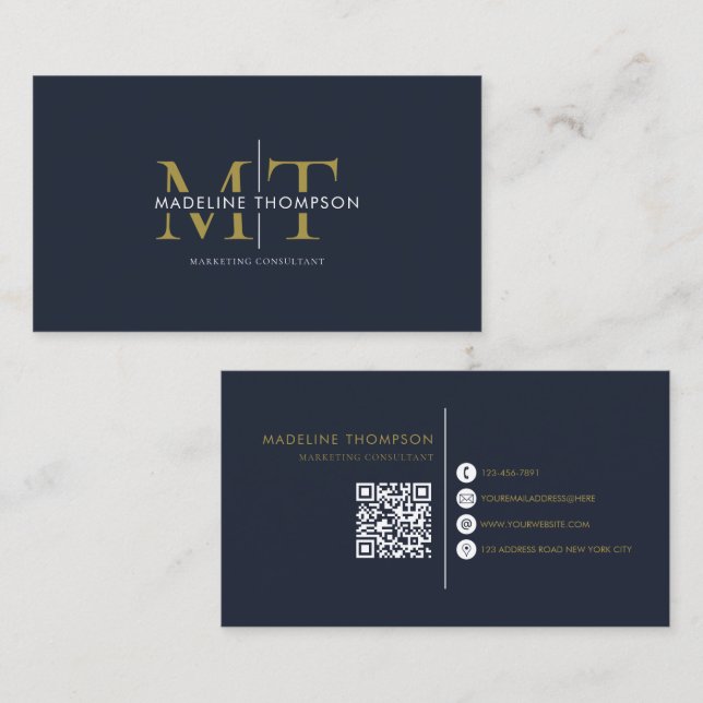 Modern Typography Monogram Navy Blue Gold QR code Business Card (Front/Back)