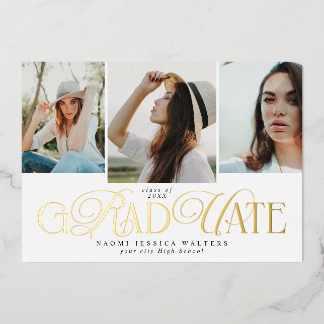 Modern Typography Multi Photo Elegant Graduation Foil Invitation (Front)
