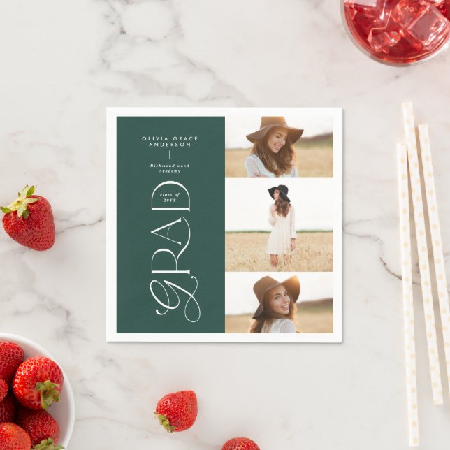 Modern typography multi photo graduate dark green napkins (Insitu)