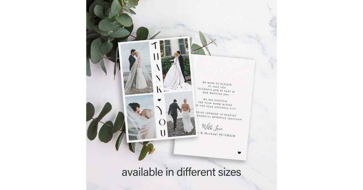 Modern typography multi photo wedding thank you note card | Zazzle