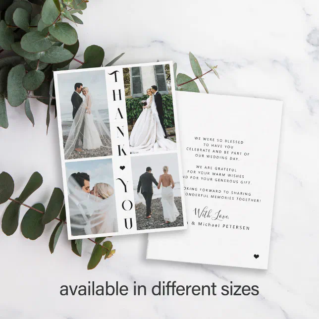 Modern typography multi photo wedding thank you note card | Zazzle