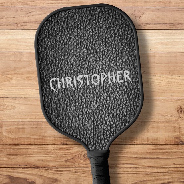 Modern Typography Name Black Leather Grains Print Pickleball Paddle (Creator Uploaded)