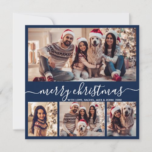 Modern Typography Navy 5 Photo Collage Christmas Holiday Card