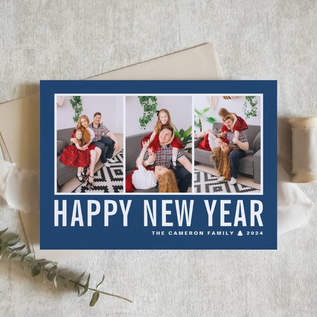 Modern Typography Navy Blue Photo Collage New Year Holiday Card (Creator Uploaded)