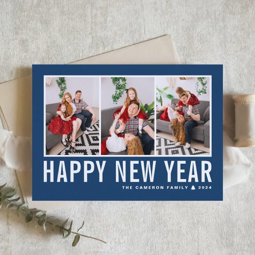 Modern Typography Navy Blue Photo Collage New Year Holiday Card