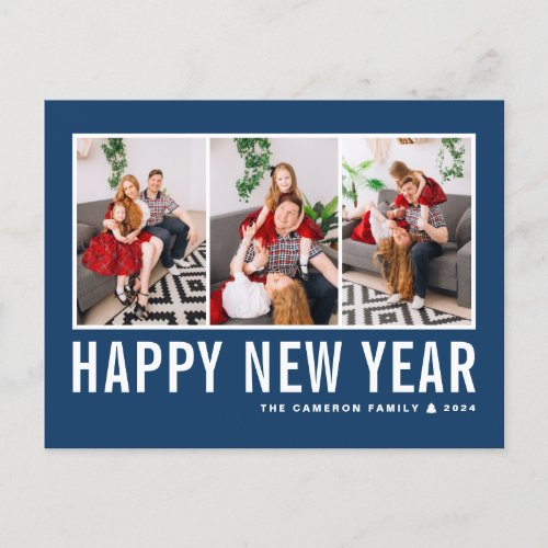 Modern Typography Navy Blue Photo Collage New Year Holiday Postcard