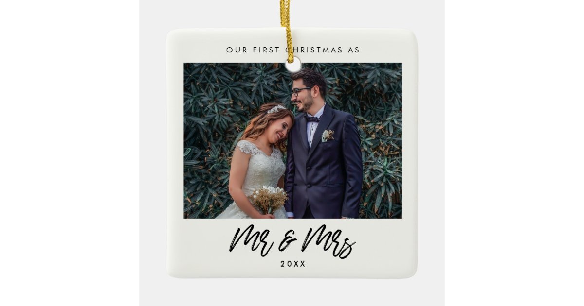 Modern typography Our First Christmas as Mr & Mrs Ceramic Ornament | Zazzle