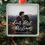 Modern typography Our First Christmas couple photo Metal Ornament<br><div class="desc">A modern typography for this photo ornaments collection. To customize with your favorite picture. You can also easily change the color of the font to your liking.</div>