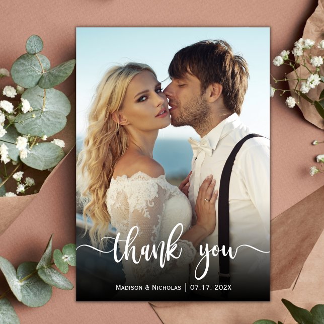 Modern Typography Overlay Script Photo Wedding Thank You Card (Creator Uploaded)