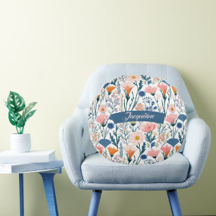 Modern Typography Pastel Wildflower Blooms Floral Round Pillow
